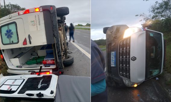 Ambulância de Jaguaquara capota na BR-116, em Feira de Santana