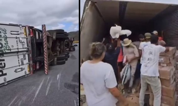 Caminhão carregado de frango tomba e carga é saqueada em Vitória da Conquista