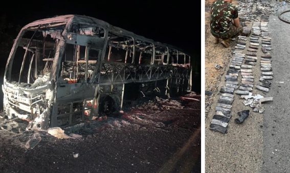 Ônibus do Exército pega fogo na BA-026 em Maracás e armas e munições ficam queimadas
