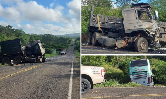 Acidente entre ônibus e carreta deixa motorista morto e passageiros feridos entre Maracás e Planaltino